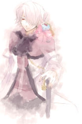 Rule 34 | 00s, 1boy, emily (pandora hearts), formal, gradient background, hair over one eye, highres, male focus, pandora hearts, red eyes, short hair, silver hair, smile, solo, white background, xerxes break