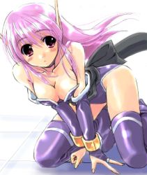 Rule 34 | 1girl, all fours, bangle, bare shoulders, blush, boots, bracelet, breasts, cleavage, detached sleeves, fingerless gloves, gloves, jewelry, leotard, long hair, lowres, nei, obi, phantasy star, phantasy star ii, pink eyes, pink hair, pointy ears, purple eyes, purple footwear, purple hair, sash, sega, solo, thighhighs, tiles, v arms, white background