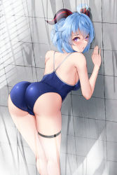 Rule 34 | 1girl, against wall, ahoge, alternate costume, alternate hairstyle, ass, back, bare arms, bare shoulders, bent over, blue hair, blue one-piece swimsuit, blush, breasts, cameltoe, cleft of venus, contemporary, dappled sunlight, feet out of frame, ganyu (genshin impact), genshin impact, goat horns, hair up, highres, horns, legs, long hair, looking at viewer, looking back, matrix16, medium breasts, one-piece swimsuit, open mouth, purple eyes, raised eyebrows, school swimsuit, sidelocks, solo, standing, steam, sunlight, swimsuit, thigh strap, thighs, tile wall, tiles
