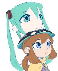 Rule 34 | 1girl, a hat in time, bad id, bad pixiv id, blue eyes, brown hair, cape, commentary, crossover, english commentary, green eyes, green hair, hat, hat kid, hatsune miku, long hair, low ponytail, pun, sketch, smile, solo focus, spicy bardo, top hat, twintails, very long hair, vocaloid, yellow cape, zipper