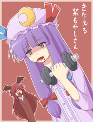 Rule 34 | 2girls, bad id, bad pixiv id, bat wings, blood, blood from mouth, crescent, dumbbell, exercising, female focus, hair over eyes, hat, head wings, koakuma, kurokoori, long hair, multiple girls, no eyes, patchouli knowledge, purple eyes, purple hair, red hair, embodiment of scarlet devil, touhou, training, translation request, wings