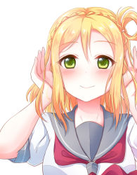 Rule 34 | 10s, 1girl, ascot, blonde hair, blush, braid, crown braid, cupping hands, eyebrows, green eyes, hair rings, hand on own ear, hand on own ear, hands in hair, highres, looking at viewer, love live!, love live! school idol project, love live! sunshine!!, ohara mari, own hands together, pipette (artist), school uniform, serafuku, short sleeves, simple background, smile, solo, upper body, white background, yellow eyes