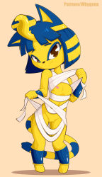 Rule 34 | 1girl, animal crossing, animal ears, ankha (animal crossing), bandages, blue hair, bracelet, breasts, brown eyes, cat ears, cat tail, cleft of venus, egyptian, eyeshadow, functionally nude, furry, highres, jewelry, looking at viewer, makeup, multicolored hair, navel, nintendo, nipples, pink background, pussy, short hair, small breasts, smile, standing, tail, two-tone hair, uncensored, whygena