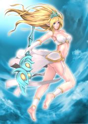 Rule 34 | 1girl, absurdres, ankle cuffs, ankle wrap, arched back, armpits, ass, bandeau, bare shoulders, barefoot, blonde hair, blue eyes, breasts, cleavage, closed mouth, collarbone, elf, feet, floating hair, from side, full body, gloves, highres, holding, holding staff, janna (league of legends), large breasts, league of legends, long hair, looking at viewer, looking to the side, navel, no panties, pointy ears, shin guards, smile, soles, solo, staff, stomach, tiara, toes, waist cape, white gloves, yashichii