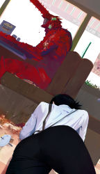 Rule 34 | 1boy, 1girl, ass, ass focus, black pants, blood, burger, chainsaw, chainsaw man, denji (chainsaw man), drinking straw, dripping, duplicate, dutch angle, failure, fallen down, food, food on body, food on face, higashiyama kobeni, highres, ice, ice cube, indoors, monster boy, pants, pixel-perfect duplicate, restaurant, shirt, sitting, some1else45, spill, white shirt