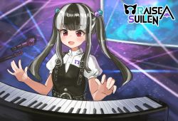 Rule 34 | 1girl, :d, bang dream!, belt, black belt, black dress, black hair, blunt bangs, blurry, blurry background, blush, commentary, dress, group name, hair bobbles, hair ornament, highres, instrument, keyboard (instrument), long hair, looking down, microphone, microphone stand, multicolored hair, music, nyubara reona, open mouth, playing instrument, pocari (sq551), purple background, red eyes, shirt, short sleeves, sidelocks, smile, solo, stage, stage lights, standing, twintails, two-tone hair, upper body, white hair, white shirt