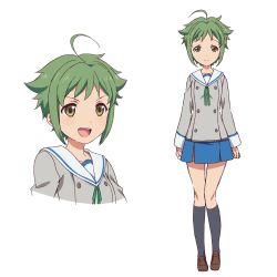 Rule 34 | 1girl, action heroine cheer fruits, ahoge, black socks, blue skirt, blush, brown footwear, character sheet, commentary request, green eyes, green hair, green ribbon, grey shirt, highres, hinano high school uniform, ide naomi, kneehighs, loafers, looking at viewer, midorikawa mana, multiple views, neck ribbon, official art, open mouth, ribbon, sailor collar, school uniform, shirt, shoes, short hair, simple background, skirt, smile, socks, white background, white sailor collar