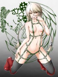 Rule 34 | 1girl, belt, black thighhighs, blonde hair, boots, breasts, clenched teeth, evil smile, hand on own face, highres, hitomori, knee boots, kneeling, lips, long hair, looking at viewer, low-tied long hair, nude, orange eyes, original, parted lips, red footwear, skull, smile, solo, strap, teeth, thighhighs, very long hair