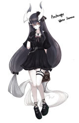Rule 34 | 1girl, abyssal ship, alternate costume, anchorage water oni, bag, black dress, black footwear, black gloves, black hair, character name, colored skin, dress, english text, engrish text, full body, gloves, gradient hair, hair between eyes, highres, holding, holding bag, horns, kantai collection, long hair, looking at viewer, low twintails, mizuchi (mizuchi7118), multicolored hair, neck ribbon, oni horns, pale skin, pink ribbon, ranguage, red eyes, ribbon, short sleeves, simple background, solo, twintails, two-tone hair, white background, white hair, white skin
