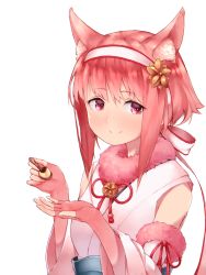 Rule 34 | 1girl, animal ear fluff, animal ears, cat ears, closed mouth, fingerless gloves, fire emblem, fire emblem fates, fire emblem heroes, fur trim, gloves, hair ornament, hairband, highres, holding, holding spoon, japanese clothes, nintendo, pink gloves, pink hair, red eyes, red ribbon, ribbon, sakura (fire emblem), short hair, simple background, sleeveless, smile, solo, spoon, unusablenameaaa, white background