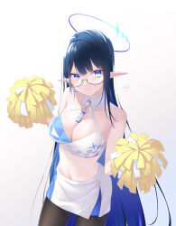 Rule 34 | 1girl, 3:, absurdly long hair, absurdres, alternate costume, black hair, black pantyhose, blue archive, blue eyes, blunt bangs, breasts, character name, cheerleader, cleavage, collarbone, colored inner hair, commentary request, cosplay, detached collar, earrings, from above, glasses, hair between eyes, halo, head tilt, highres, holding, holding pom poms, jewelry, large breasts, long hair, looking at viewer, looking up, medium breasts, midorino eni, millennium cheerleader outfit (blue archive), multicolored hair, navel, pantyhose, pleated skirt, pointy ears, pom pom (cheerleading), pom poms, rin (blue archive), semi-rimless eyewear, sidelocks, skirt, sleeveless, solo, spoken blush, stomach, sweatdrop, two-tone hair, very long hair, white background