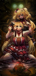 Rule 34 | 2girls, absurdres, akai haato, akai haato (gothic lolita), aqua eyes, black eyes, blonde hair, blood, blood on clothes, blood on face, blood on hands, bloody knife, blush, bow, bowtie, breasts, cleavage, dress, dual persona, empty eyes, eye contact, frilled dress, frills, glowing, glowing eyes, gothic lolita, hair ornament, hair ribbon, hairclip, hand on another&#039;s arm, hand on another&#039;s face, hands on another&#039;s neck, heart, heart hair ornament, highres, holding, holding knife, hololive, knife, lolita fashion, long hair, looking at another, multiple girls, pale skin, red dress, ribbon, smile, virtual youtuber, vyragami