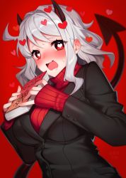 Rule 34 | 1girl, black horns, black jacket, black tail, blush, book, commentary request, demon girl, demon tail, drooling, hands up, heart, heart-shaped pupils, helltaker, highres, holding, holding book, horns, jacket, kinsenka momi, long sleeves, looking at viewer, modeus (helltaker), open mouth, red background, red sweater, ribbed sweater, short hair, silver hair, sleeves past wrists, solo, sweat, sweater, symbol-shaped pupils, tail, turtleneck, turtleneck sweater, wavy mouth