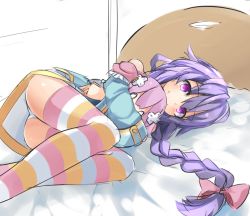 Rule 34 | 1girl, ass, bed, bow, braid, character doll, hair bow, headboard, himajin (starmine), hugging doll, hugging object, long hair, looking at viewer, lying, neptune (neptunia), neptune (series), on bed, on side, panties, pantyshot, purple eyes, purple hair, pururut, single braid, smile, solo, striped clothes, striped thighhighs, thighhighs, underwear, very long hair