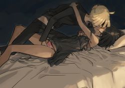 Rule 34 | 1boy, 1girl, bed, bed sheet, bedroom, black hair, black pants, black shirt, blonde hair, blush, breasts, closed eyes, clothed sex, clothes lift, creatures (company), dress, dress lift, fingering, french kiss, game freak, gladion (pokemon), grabbing, grabbing another&#039;s breast, groping, hair over one eye, hand on another&#039;s head, hand on another&#039;s shoulder, hetero, highres, kiss, long sleeves, lying, nightgown, nintendo, on back, on bed, panties, pants, pillow, pink panties, pokemon, pokemon sm, selene (pokemon), sex, shirt, short hair, story yin, strap slip, underwear