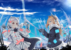 Rule 34 | 2girls, animal ears, black gloves, black jacket, black ribbon, blonde hair, blue eyes, blue sky, blush, bow, cat ears, cat girl, cat tail, cloud, commentary request, day, eye contact, fang, gloves, glowing, grey gloves, grey jacket, grey skirt, grin, hair bow, hair ornament, hair ribbon, hand in pocket, highres, hood, hood down, hooded jacket, jacket, long hair, long sleeves, looking at another, mad (hazukiken), multiple girls, open mouth, original, outdoors, pointing, pointing at another, profile, red eyes, ribbon, scarf, silver hair, skirt, sky, smile, swept bangs, tail, very long hair, white bow, white scarf