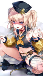 Rule 34 | 1girl, :d, azur lane, bache (azur lane), banknote, bare shoulders, belt, black footwear, black hat, black sailor collar, black shirt, black skirt, blonde hair, breasts, chain, cigarette, collar, collarbone, commentary request, crop top, cutoffs, denim, denim shorts, dollar bill, fang, fishnet thighhighs, fishnets, fur-trimmed jacket, fur trim, hand up, hands up, hat, highres, holding, holding cigarette, jacket, long hair, long sleeves, looking at viewer, loose socks, medium breasts, micro shorts, midriff, mirei, money, navel, neckerchief, off shoulder, ok sign, open clothes, open fly, open mouth, pouch, purple eyes, red collar, sailor collar, sailor hat, sailor shirt, shirt, shoe soles, shoes, shorts, single thighhigh, skirt, sleeveless, sleeveless shirt, smile, smoke, smoking, socks, solo, spread legs, squatting, thick eyebrows, thighhighs, thighs, tongue, twintails, two side up, utility belt, very long hair, white background, wristband, yellow jacket, yellow neckerchief