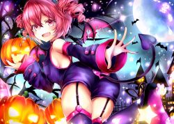 Rule 34 | 1girl, absurdres, bare shoulders, bat (animal), blouse, blush, castle, commentary, cowboy shot, demon girl, demon tail, demon wings, detached sleeves, drill hair, fang, flag, from behind, garter straps, gate, halloween, heart, highres, holding pumpkin, horns, jack-o&#039;-lantern, kasane teto, leaning forward, looking at viewer, moon, night, outstretched arm, red eyes, red hair, shirt, short hair, shorts, sleeveless, sleeveless shirt, smile, tail, thighhighs, torn wings, twin drills, utau, wings, xaruex
