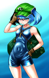 Rule 34 | 1girl, backpack, bad id, bad pixiv id, bag, bare shoulders, blue eyes, blue hair, gloves, hand on own hip, kawashiro nitori, key, matching hair/eyes, nukarumi noren, short hair, solo, touhou, twintails, two side up, unitard