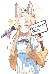 Rule 34 | animal, animal ears, animal on head, bird, bird on head, blonde hair, blue archive, blush, collarbone, extra ears, flower, hair flower, hair ornament, halo, highres, holding, holding microphone, holding sign, kirigakure (iroiro tsukauyo), long hair, looking at viewer, microphone, on head, pleated skirt, print shirt, seia (blue archive), shirt, sign, skirt, smile, sparkle, two-tone eyes, white background, white shirt, white skirt, yellow halo