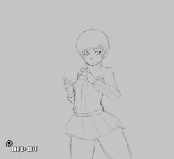 Rule 34 | 1girl, animated, animated gif, blush, cleft of venus, embarrassed, female focus, monochrome, no panties, persona, persona 4, pussy, satonaka chie, solo, spicy bardo, uncensored