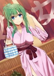 Rule 34 | 1girl, alternate costume, bag, bathrobe, blue eyes, breasts, closed mouth, commentary request, dutch angle, fence, fule, green hair, hair up, highres, holding, kochiya sanae, large breasts, long hair, looking at viewer, onsen, outdoors, ponytail, sash, sidelocks, sleeves rolled up, smile, solo, striped, touhou