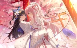 2girls absurdres black_hair butterfly_hair_ornament carrying cherry_blossoms copyright_request dress female_focus flower hair_ornament haori highres japanese_clothes kanzashi kimono lily_(flower) long_hair morimori_(14292311) multiple_girls obi open_clothes open_kimono petals pink_eyes pink_hair pleated_skirt princess_carry purple_eyes sash skirt string string_of_fate thighhighs torii wedding_dress white_kimono white_skirt white_thighhighs wife_and_wife yuri