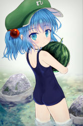 Rule 34 | 1girl, alternate costume, bananannu, blue hair, blue one-piece swimsuit, day, flat cap, food, from behind, fruit, green hat, grey background, hair bobbles, hair ornament, hat, highres, holding, holding food, kawashiro nitori, looking at viewer, looking back, one-piece swimsuit, outdoors, rock, school swimsuit, short hair, solo, stream, swimsuit, touhou, two side up, wading, watermelon