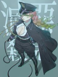 Rule 34 | 1girl, adapted costume, boots, braid, breasts, capelet, chromatic aberration, cleavage, cleavage cutout, clothing cutout, collared shirt, commentary, full body, gradient hair, green eyes, green hair, hand on own hip, hat, high heel boots, high heels, holding, holding weapon, holding whip, kanroji mitsuri, kimetsu no yaiba, large breasts, long hair, long sleeves, looking at viewer, looking up, military, military hat, military uniform, mizuki mau, mole, mole under eye, multicolored hair, multiple braids, parted lips, pink hair, shirt, solo, standing, tassel, thigh boots, thighhighs, twitter username, uniform, weapon, whip