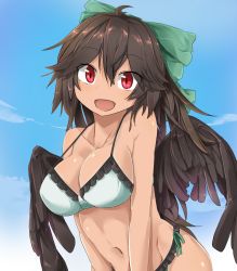Rule 34 | 1girl, :d, bare arms, bare shoulders, bikini, bikini day, black wings, blue sky, breasts, brown hair, cleavage, cloud, collarbone, commentary request, day, feathered wings, green bikini, groin, hair between eyes, head tilt, highres, large breasts, long hair, looking at viewer, navel, open mouth, outdoors, red eyes, reiuji utsuho, sky, smile, solo, stomach, strap gap, swimsuit, tan, touhou, tyouseki, upper body, v arms, wings
