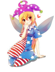 Rule 34 | 1girl, american flag dress, american flag legwear, arm support, bad id, bad pixiv id, blonde hair, blush, clownpiece, dress, fairy wings, full body, grin, hair between eyes, hat, heart, highres, jester cap, legs folded, long hair, looking at viewer, pantyhose, red eyes, seiza, shadow, short dress, short sleeves, simple background, sitting, smile, solo, striped clothes, striped dress, striped pantyhose, tareme, touhou, varyu, white background, wings
