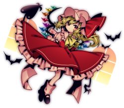 Rule 34 | 1girl, absurdres, arms behind back, ascot, bad id, bad pixiv id, bat (animal), black footwear, blonde hair, bow, closed mouth, clothes lift, crystal, dutch angle, eyes visible through hair, flandre scarlet, frilled shirt, frilled shirt collar, frilled skirt, frilled sleeves, frills, full body, hat, highres, laevatein, legs together, looking at viewer, loose socks, medium hair, mob cap, one side up, puffy short sleeves, puffy sleeves, red bow, red eyes, red skirt, red vest, shirt, short sleeves, side ponytail, skirt, skirt lift, skirt set, socks, solo, touhou, vest, waist bow, wavy hair, white background, window, wings, yellow ascot, yuka yukiusa