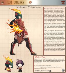 Rule 34 | 1boy, 1girl, armor, artist name, ass, ass cutout, black hair, black thighhighs, blunt bangs, brown background, burnt clothes, character name, character profile, clothing cutout, commentary, creatures (company), dou, english commentary, english text, fire, game freak, gen 2 pokemon, highres, japanese armor, kinkymation, kote, kusazuri, looking back, nintendo, pelvic curtain, personification, poke ball, poke ball (basic), pokemon, pokemon ears, ponytail, quilava, red eyes, revealing clothes, short hair with long locks, shoulder armor, smile, sode, suneate, thighhighs, thong, toeless legwear