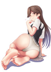 Rule 34 | 1girl, arashio (kancolle), arashio kai ni (kancolle), ass, bare legs, barefoot, black dress, brown eyes, brown hair, commentary request, dress, feet, female focus, foot focus, from behind, full body, heart, highres, kantai collection, long hair, looking at viewer, looking back, moose (moosemitchell2), no shoes, panties, pinafore dress, shirt, short sleeves, simple background, sitting, sleeveless, sleeveless dress, smile, soles, solo, toes, underwear, white panties, white shirt