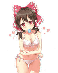 Rule 34 | 1girl, absurdres, bikini, black hair, bow, breasts, cleavage, condom, condom in mouth, condom wrapper, cowboy shot, crossed arms, hair bow, hair tubes, hakurei reimu, head tilt, heart, highres, looking at viewer, medium breasts, mouth hold, red bow, red eyes, side-tie bikini bottom, simple background, solo, standing, swimsuit, thigh gap, touhou, white background, white bikini