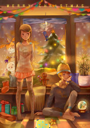 Rule 34 | 1boy, 1girl, animal ear legwear, arms behind back, barefoot, box, bra strap, brown eyes, brown hair, brown thighhighs, bunting, candy, candy cane, cat ear legwear, checkered floor, christmas, christmas stocking, christmas tree, collared shirt, creature, cushion, digimon, digimon (creature), digimon adventure 02, food, gift, gift box, gingerbread man, guangsi (mangoxlight), hair ornament, hat, head rest, indoors, knee up, leggings, light particles, looking away, looking to the side, merry christmas, miniskirt, no shoes, on floor, orange hair, party hat, patamon, pennant, plaid, plaid skirt, plant, potted plant, shirt, short hair, shorts, signature, sitting, skirt, smile, snow globe, standing, star (symbol), string of flags, sweater, tailmon, takaishi takeru, thighhighs, wind chime, window, yagami hikari, zettai ryouiki