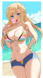 Rule 34 | 1girl, bare arms, bare shoulders, beach, bikini, blonde hair, blue eyes, blue shorts, border, bracelet, breasts, cleavage, collarbone, commentary request, day, denim, denim shorts, food, genmon, highres, ice cream, idolmaster, idolmaster cinderella girls, jewelry, large breasts, long hair, looking at viewer, multicolored bikini, multicolored clothes, navel, ocean, ohtsuki yui, open clothes, open shorts, outdoors, outside border, short shorts, shorts, side-tie bikini bottom, smile, solo, stomach, swimsuit, white border