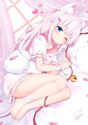 Rule 34 | 1girl, 1other, animal ear fluff, animal ears, bandaged arm, bandaged leg, bandages, barefoot, bell, blue eyes, blush, cat ears, cat tail, chinese commentary, commentary request, dress, hair ornament, hairclip, heart, highres, hug, jingle bell, knees up, legs, long hair, lying, nomier, on side, one eye closed, original, petals, pink dress, pink hair, pout, ribbon, short dress, solo, tail, thighs, toes
