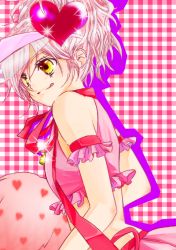 Rule 34 | 1girl, :q, amulet heart, arm garter, bare shoulders, checkered clothes, checkered skirt, closed mouth, crop top, frills, glint, hair ornament, heart, heart hair ornament, heart print, hinamori amu, long hair, looking away, magical girl, noa (artist), pillow, pink hair, pink skirt, ponytail, red ribbon, ribbon, see-through, shugo chara!, skirt, smile, solo, tongue, tongue out, upper body, visor cap, yellow eyes