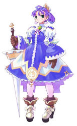 Rule 34 | 1girl, aqua eyes, armor, armored boots, armored dress, boots, dress, eclair (la pucelle), expressionless, full body, gloves, green eyes, highres, holding, holding sword, holding weapon, la pucelle, leggings, long sleeves, looking at viewer, official art, purple hair, ryoji (nomura ryouji), simple background, solo, standing, sword, weapon, white background, white leggings, wide sleeves