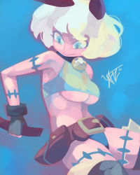 Rule 34 | 1girl, animal ears, aqua background, bare shoulders, bell, belt, blue background, blue eyes, breasts, cat ears, cat girl, cat tail, collar, fingerless gloves, gloves, looking down, ms. fortune (skullgirls), neck bell, pouch, scar, short hair, skullgirls, sleeveless, solo, stitches, tail, underboob, white hair, woofycakes
