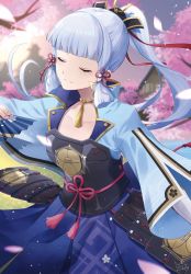 Rule 34 | 1girl, absurdres, armor, ayaka (genshin impact), blue hair, breasts, cherry blossoms, closed mouth, dancing, eyebrows hidden by hair, falling petals, genshin impact, hair ornament, hair ribbon, hairband, hand fan, highres, holding, holding fan, japanese armor, japanese clothes, jewelry, kimono, kinaco 4738, long hair, medium breasts, necklace, petals, pony (animal), ponytail, ribbon, skirt, small breasts, smile, solo