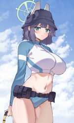 Rule 34 | 1girl, absurdres, arms behind back, belt, bikini, black hair, blue archive, blush, bodysuit, breasts, closed mouth, cloud, cloudy sky, cowboy shot, day, diving suit, hair between eyes, halo, highres, large breasts, looking at viewer, midriff, mzrz, navel, revision, saki (blue archive), saki (swimsuit) (blue archive), sky, solo, standing, stomach, swimsuit, thighs, wetsuit, zipper
