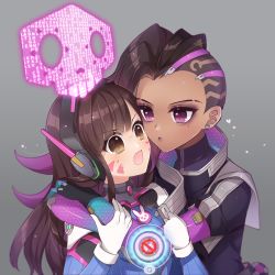 Rule 34 | &gt;:o, 2girls, :o, angry, animal print, arm grab, arms around neck, asymmetrical hair, black gloves, bodysuit, breasts, brown hair, d.va (overwatch), dark-skinned female, dark skin, earrings, eyebrows, eyeshadow, facial mark, frown, gameplay mechanics, gloves, gradient background, gradient hair, grey background, headphones, heart, high collar, highres, hologram, hug, imminent kiss, interface, jewelry, kaoruru (sakuno2911), long hair, looking at another, makeup, mole, mole under eye, multicolored hair, multiple girls, open mouth, overwatch, overwatch 1, pilot suit, puckered lips, purple eyes, purple hair, rabbit print, ribbed bodysuit, scared, shoulder pads, simple background, skin tight, small breasts, sombra (overwatch), stud earrings, surprised, sweat, swept bangs, two-tone hair, upper body, v-shaped eyebrows, whisker markings, white gloves, yuri