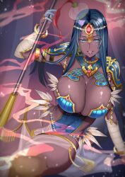Rule 34 | 1girl, armlet, armor, bandaged arm, bandages, blue armor, blue eyes, breasts, cleavage, dark-skinned female, dark skin, fate/grand order, fate (series), forehead jewel, grin, highres, inamics, jewelry, large breasts, long hair, looking at viewer, pauldrons, ring, scheherazade (fate), shoulder armor, smile, solo, staff, thighs
