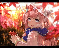Rule 34 | 1girl, :3, absurdres, agnes digital (umamusume), animal ears, autumn leaves, blue scarf, blush, bow, commentary, enpera, facing to the side, grey hair, hair bow, hands up, highres, holding, holding leaf, horse ears, horse girl, koishi chikasa, leaf, letterboxed, long hair, long sleeves, looking at viewer, looking to the side, lower teeth only, nose blush, open mouth, outdoors, pink hair, rain, red bow, scarf, solo, teeth, two side up, umamusume, upper body