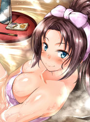 Rule 34 | 1girl, bad id, bad pixiv id, bare shoulders, blue eyes, bottle, bow, breasts, brown hair, chopsticks, circlet, cleavage, decchi oyabun, food, highres, large breasts, long hair, naked towel, onsen, original, partially submerged, ponytail, sake bottle, smile, solo, sushi, towel, tray, water, wet
