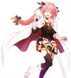 Rule 34 | 1boy, astolfo (fate), black ribbon, black thighhighs, braid, cape, eyebrows, fang, fate/apocrypha, fate (series), fuyuki (neigedhiver), garter straps, gauntlets, hair ribbon, leg up, long hair, looking at viewer, low-tied long hair, male focus, one eye closed, open mouth, pink hair, purple eyes, ribbon, simple background, single braid, solo, thighhighs, trap, white background