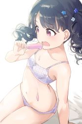 Rule 34 | 1girl, bad id, bad twitter id, bare shoulders, black hair, bow, bow bra, bra, breasts, collarbone, commentary request, flower, food, fukumaru koito, hair flower, hair ornament, highres, hiroki (yyqw7151), idolmaster, idolmaster shiny colors, navel, panties, plaid, plaid bra, plaid panties, popsicle, purple eyes, small breasts, solo, spill, twintails, underwear, underwear only, white background