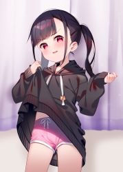 Rule 34 | 1girl, absurdres, black hair, black jacket, clothes lift, highres, hood, hoodie, hoodie lift, jacket, jacket lift, lifting own clothes, long sleeves, looking at viewer, meito (maze), original, pink shorts, shorts, side ponytail, solo, thighs